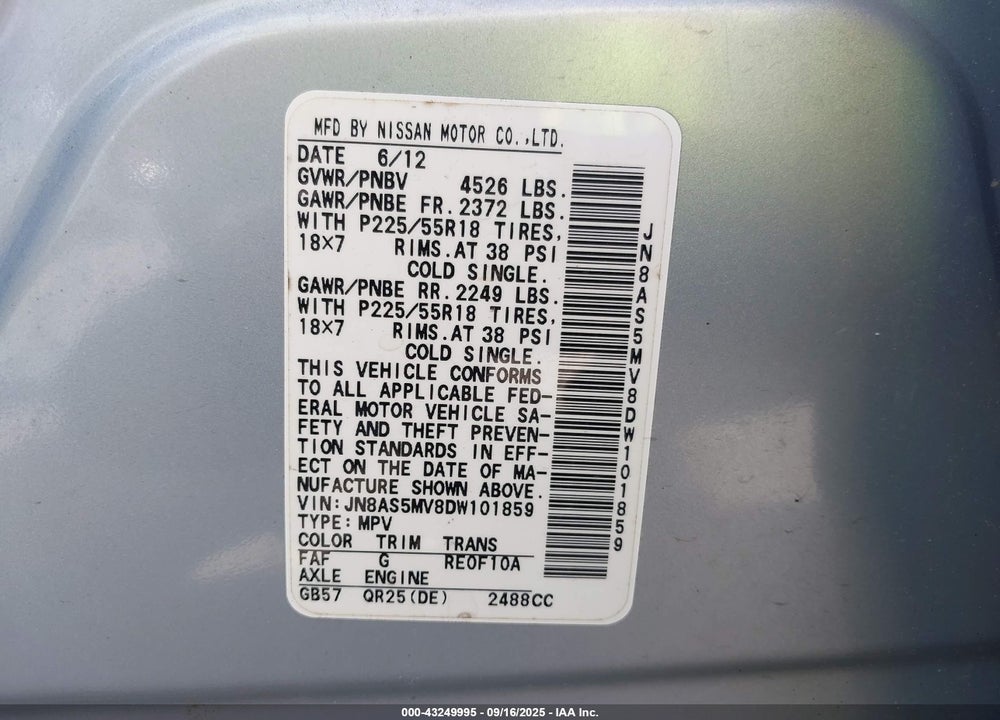 2013 NISSAN ROGUE SV W/SL PKG VIN: JN8AS5MV8DW101859