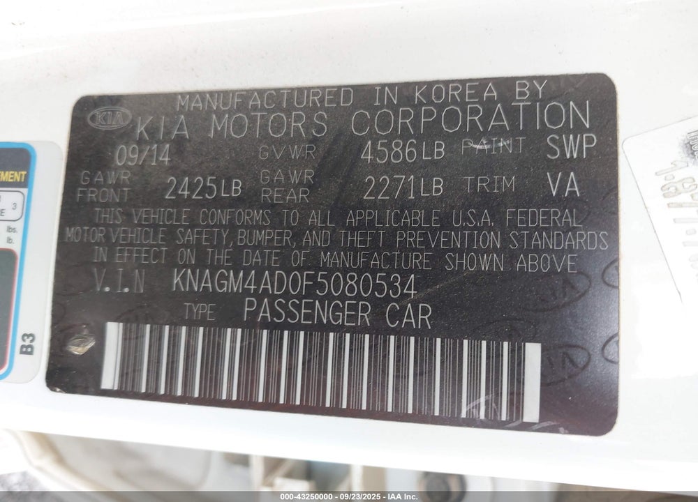 2015 KIA OPTIMA HYBRID VIN: KNAGM4AD0F5080534