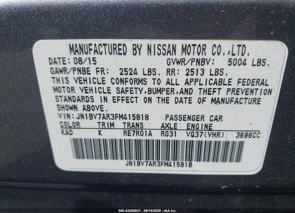 2015 INFINITI Q50 PREMIUM VIN: JN1BV7AR3FM415818