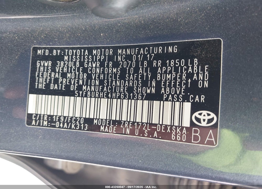 2017 TOYOTA COROLLA SE VIN: 5YFBURHE4HP631367