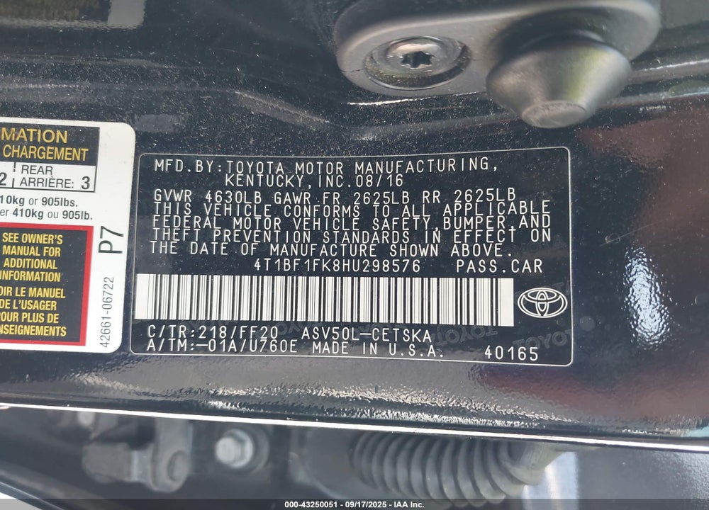 2017 TOYOTA CAMRY VIN: 4T1BF1FK8HU298576