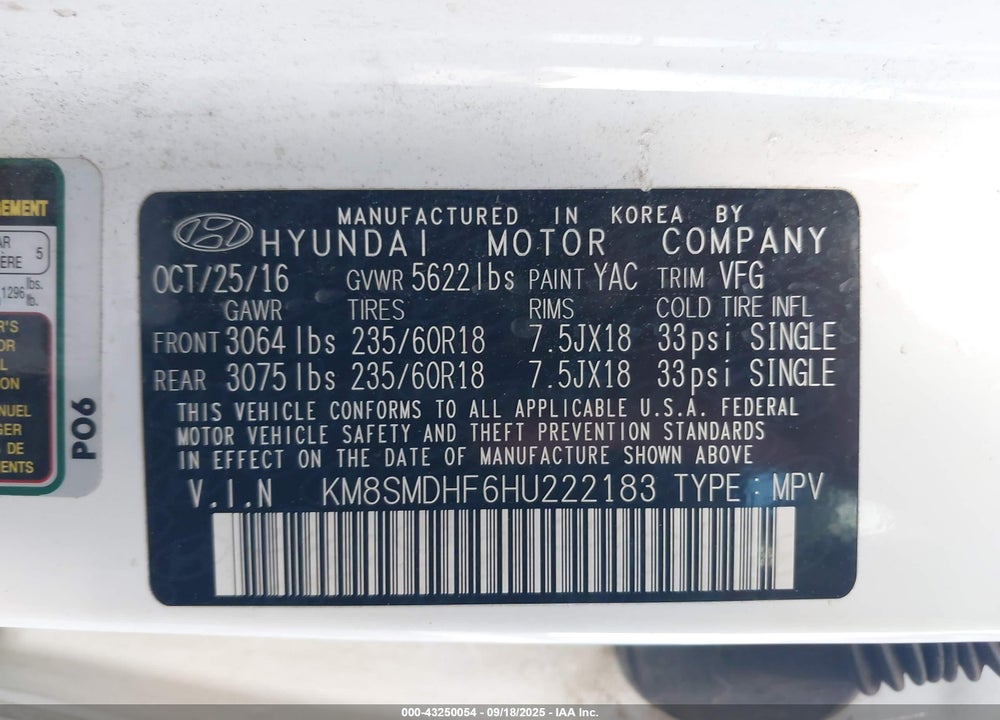2017 HYUNDAI SANTA FE VIN: KM8SMDHF6HU222183