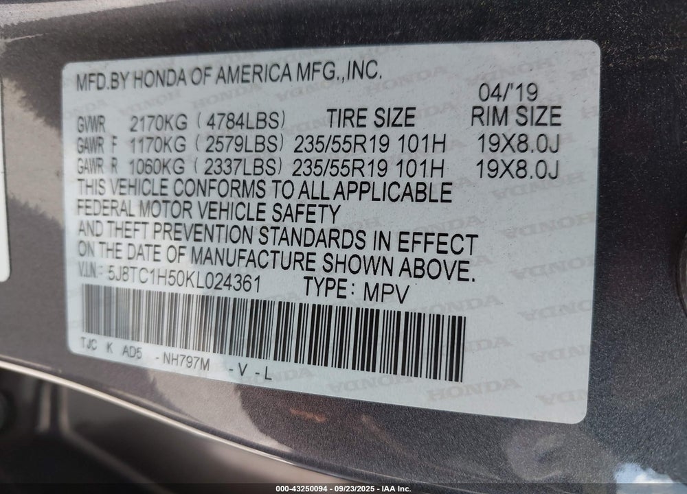 2019 ACURA RDX VIN: 5J8TC1H50KL024361