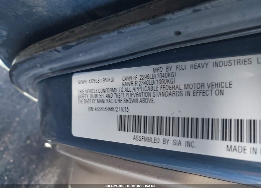2006 SUBARU LEGACY 2.5I VIN: 4S3BL626867211015