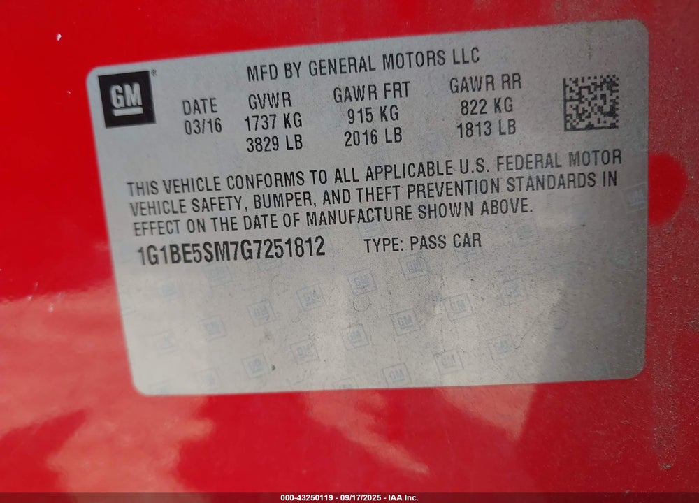 2016 CHEVROLET CRUZE VIN: 1G1BE5SM7G7251812