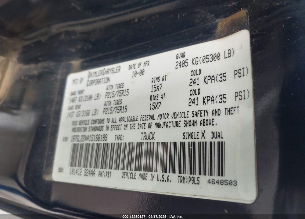 2001 DODGE DAKOTA SLT/SPORT VIN: 1B7GL22X41S168189
