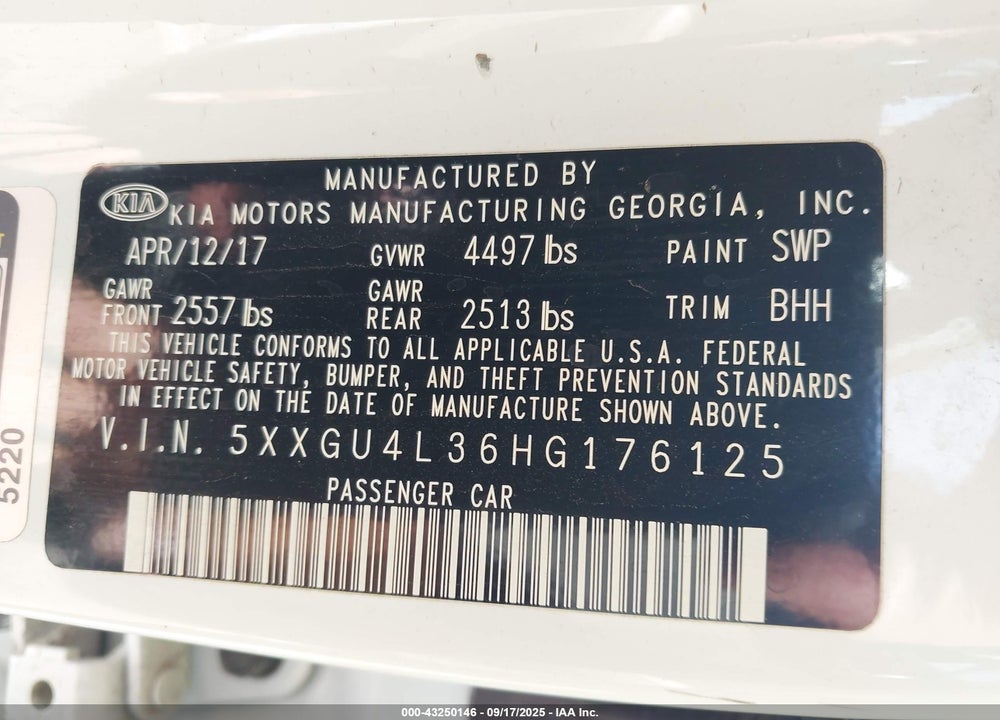 2017 KIA OPTIMA VIN: 5XXGU4L36HG176125