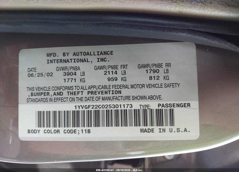 2002 MAZDA 626 LX VIN: 1YVGF22C025301173
