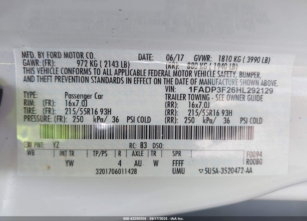 2017 FORD FOCUS VIN: 1FADP3F26HL292129
