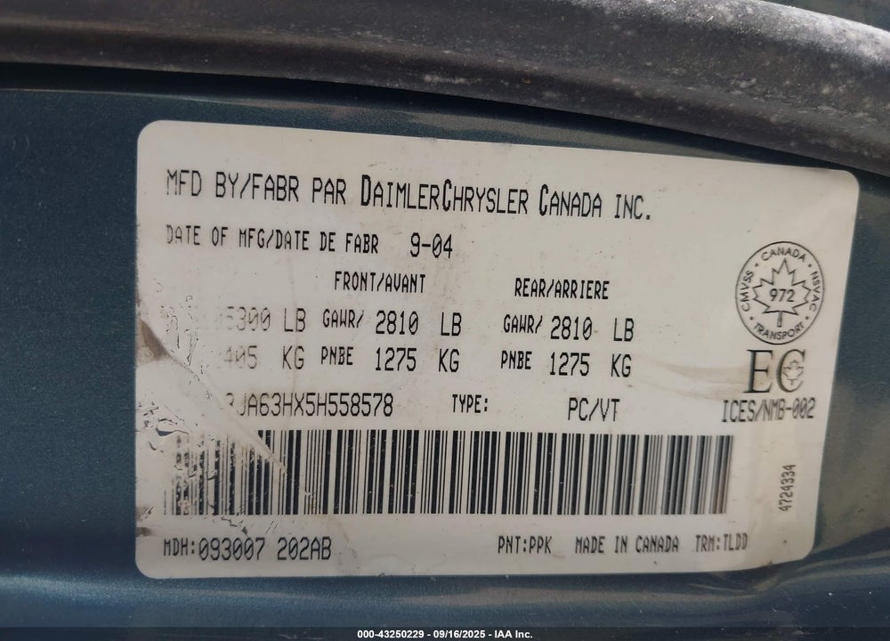2005 CHRYSLER 300C VIN: 2C3JA63HX5H558578