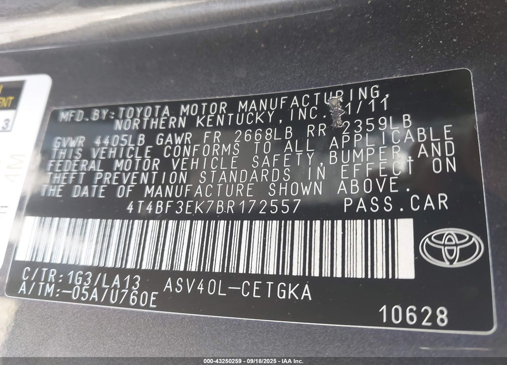 2011 TOYOTA CAMRY XLE VIN: 4T4BF3EK7BR172557