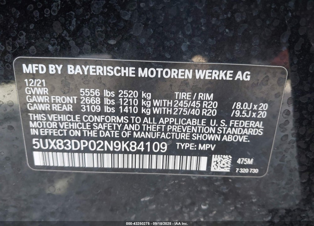 2022 BMW X3 M40I VIN: 5UX83DP02N9K84109