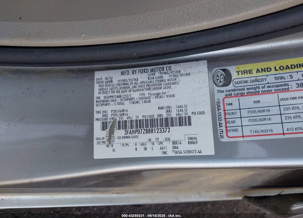 2008 FORD FUSION VIN: 3FAHP07Z88R123372