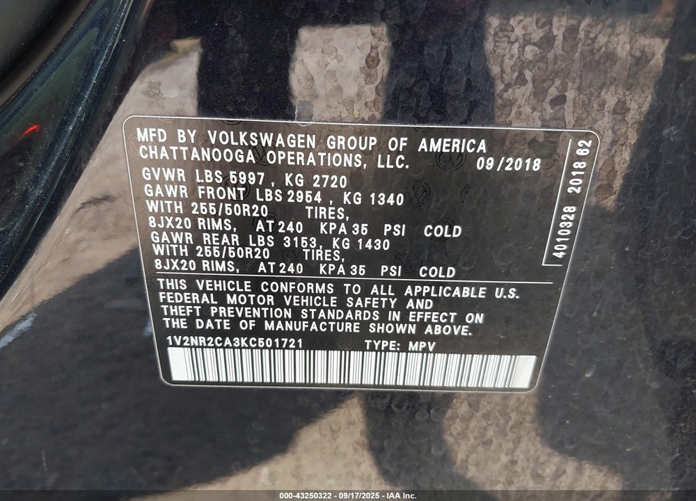 2019 VOLKSWAGEN ATLAS 3.6L V6 SEL PREMIUM VIN: 1V2NR2CA3KC501721