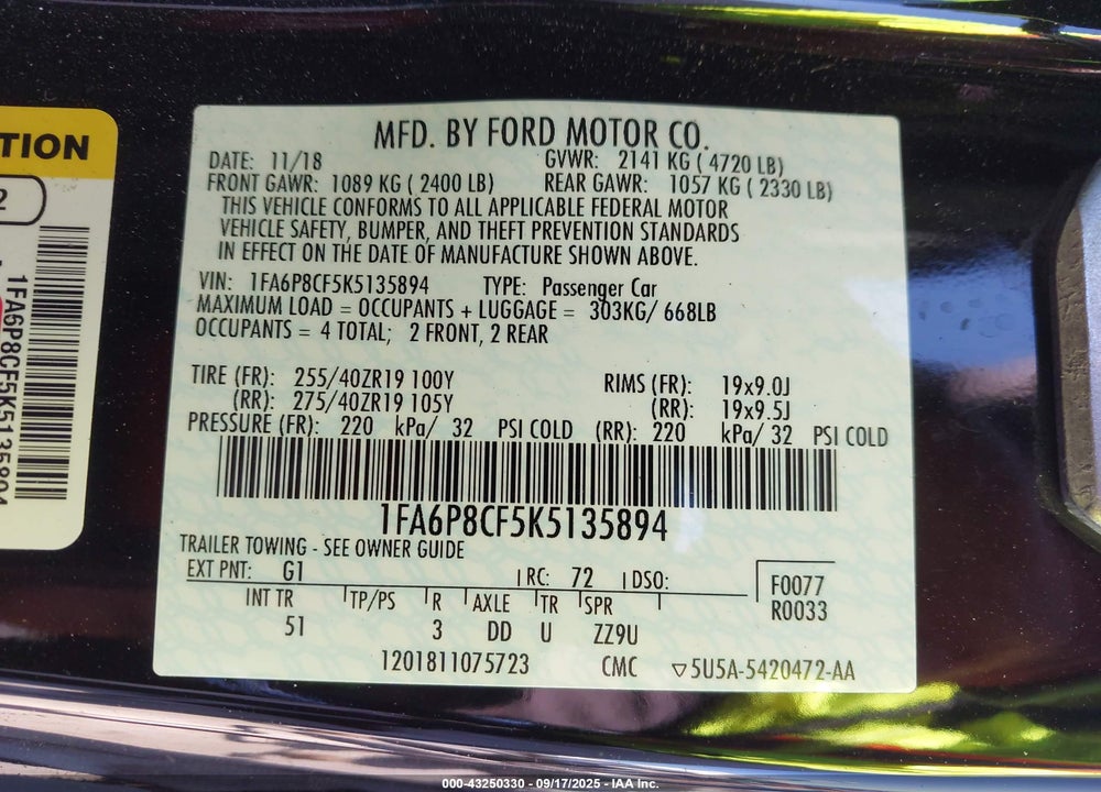 2019 FORD MUSTANG VIN: 1FA6P8CF5K5135894