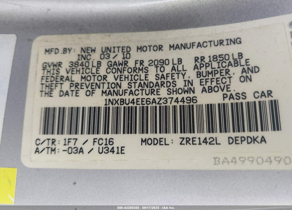 2010 TOYOTA COROLLA LE VIN: 1NXBU4EE6AZ374496
