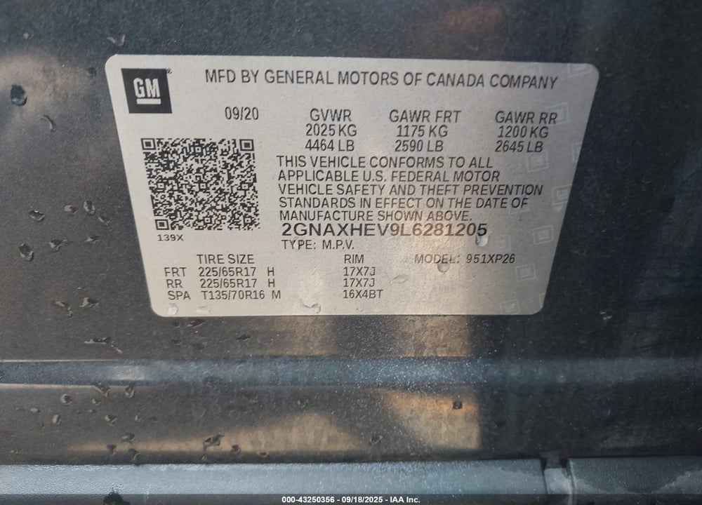 2020 CHEVROLET EQUINOX VIN: 2GNAXHEV9L6281205