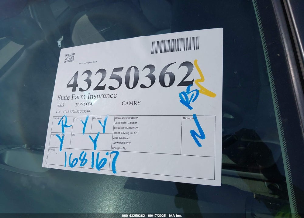 2003 TOYOTA CAMRY XLE VIN: 4T1BE32K53U735401