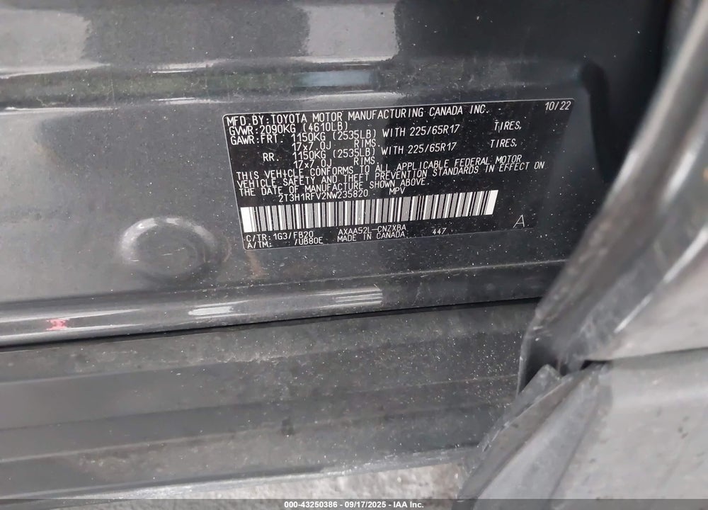 2022 TOYOTA RAV4 VIN: 2T3H1RFV2NW235820