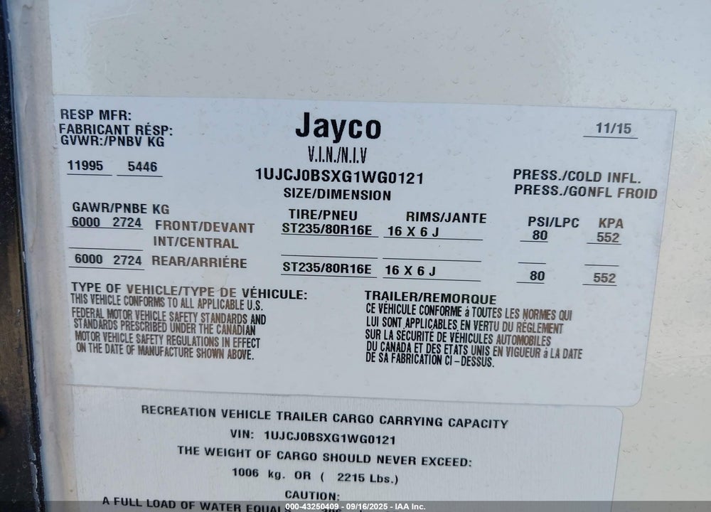 2016 JAYCO EAGLE 293 VIN: 1UJCJ0BSXG1WG0121