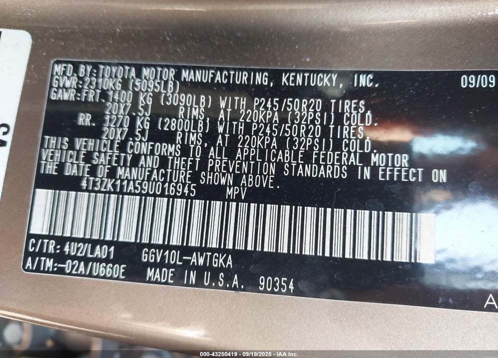 2009 TOYOTA VENZA BASE V6 VIN: 4T3ZK11A59U016945