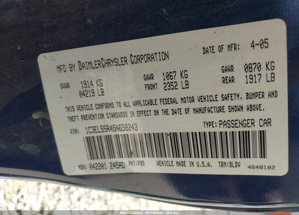 2005 CHRYSLER SEBRING TOURING VIN: 1C3EL55R45N658243