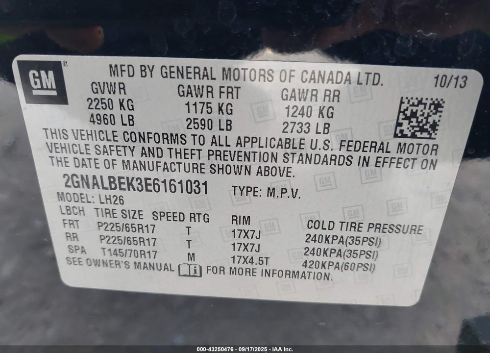 2014 CHEVROLET EQUINOX VIN: 2GNALBEK3E6161031