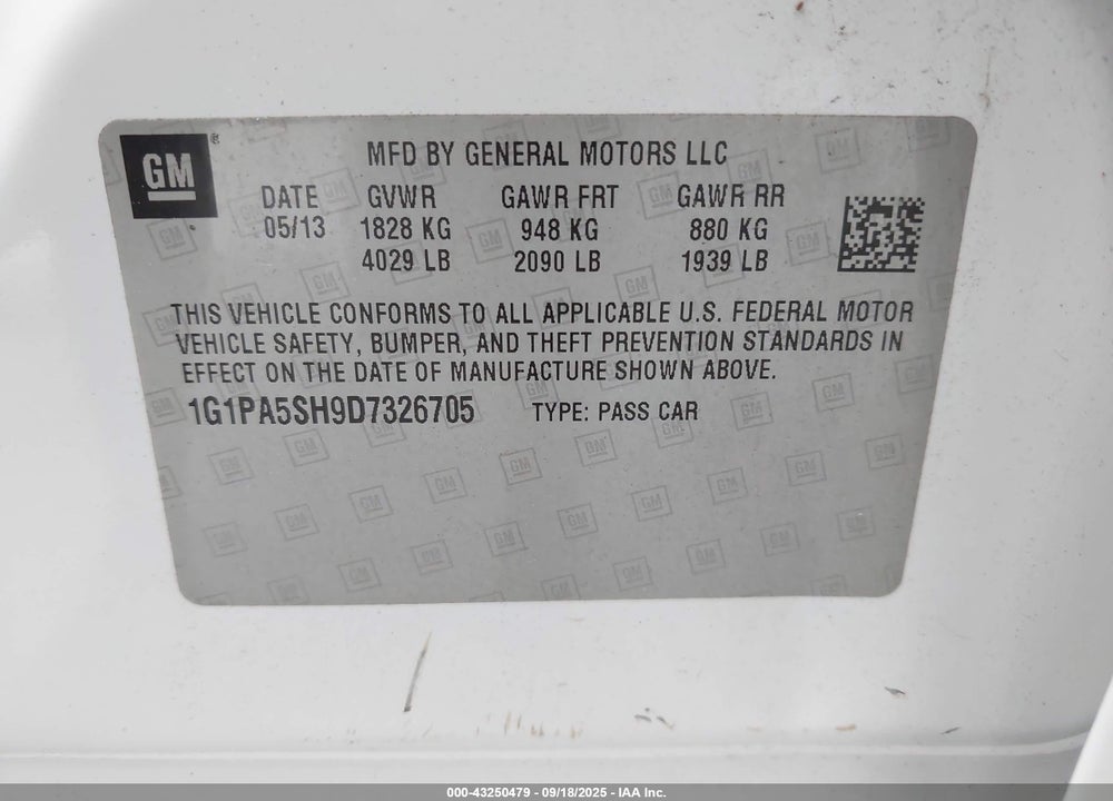 2013 CHEVROLET CRUZE LS AUTO VIN: 1G1PA5SH9D7326705