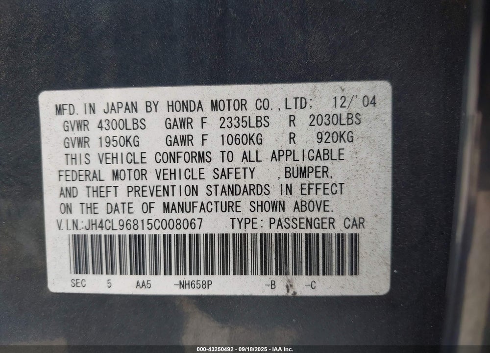2005 ACURA TSX VIN: JH4CL96815C008067