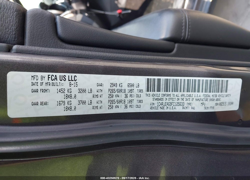 2015 JEEP GRAND CHEROKEE LAREDO VIN: 1C4RJEAG9FC125633
