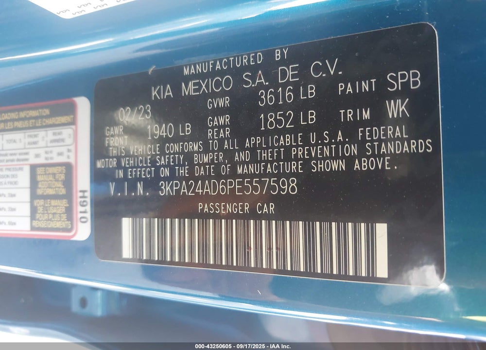 2023 KIA RIO S VIN: 3KPA24AD6PE557598