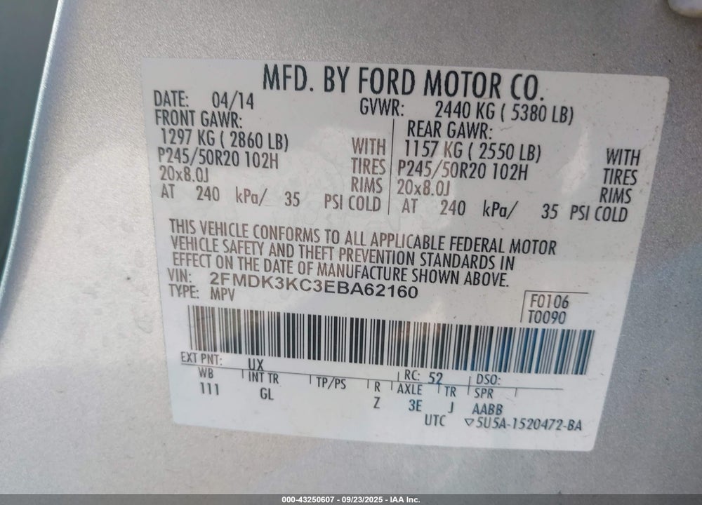 2014 FORD EDGE LIMITED VIN: 2FMDK3KC3EBA62160