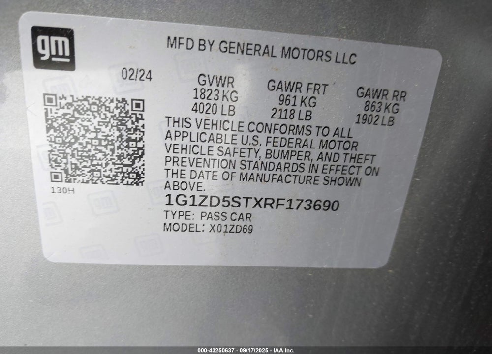2024 CHEVROLET MALIBU VIN: 1G1ZD5STXRF173690