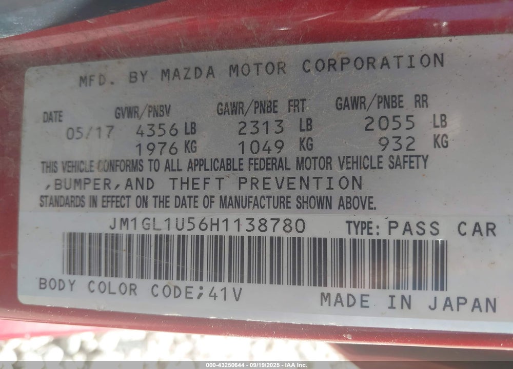 2017 MAZDA 6 VIN: JM1GL1U56H1138780