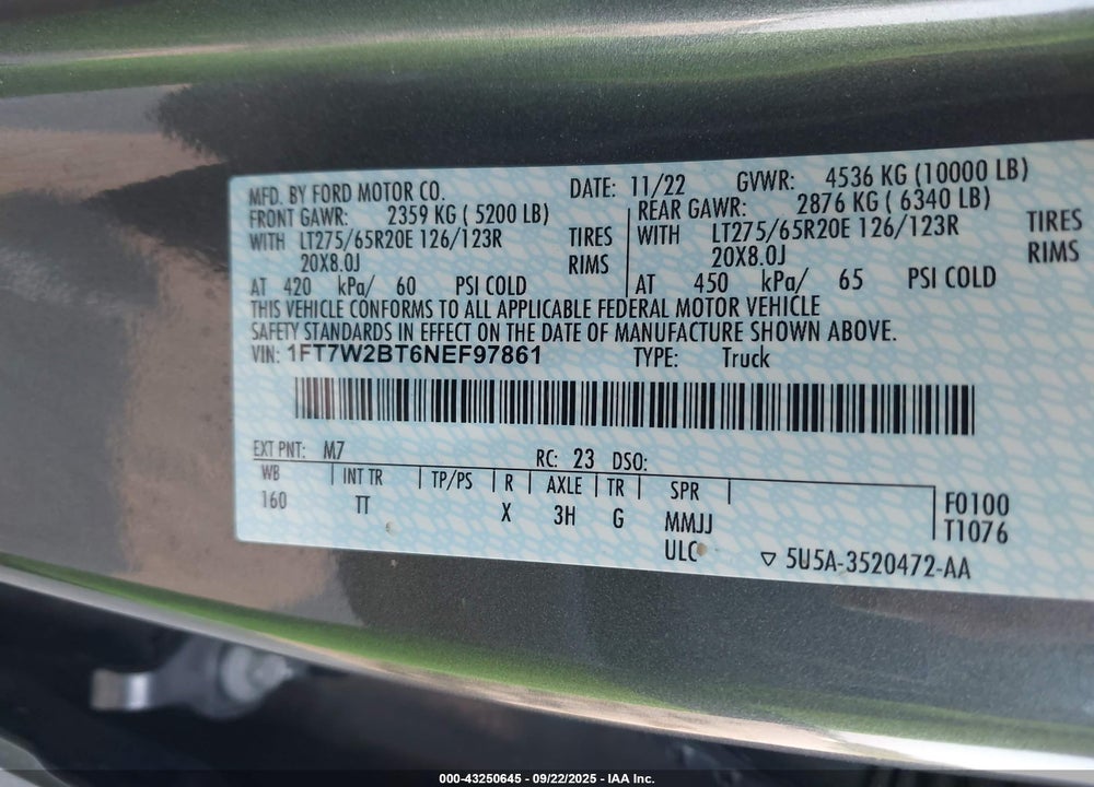 2022 FORD F-250 LIMITED VIN: 1FT7W2BT6NEF97861