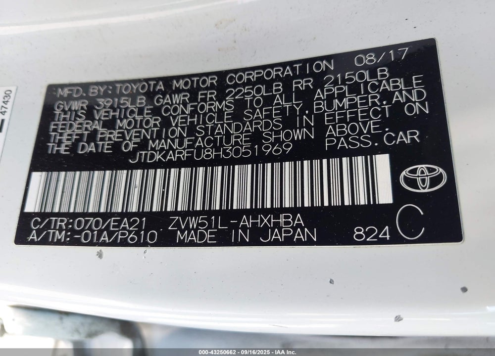2017 TOYOTA PRIUS VIN: JTDKARFU8H3051969