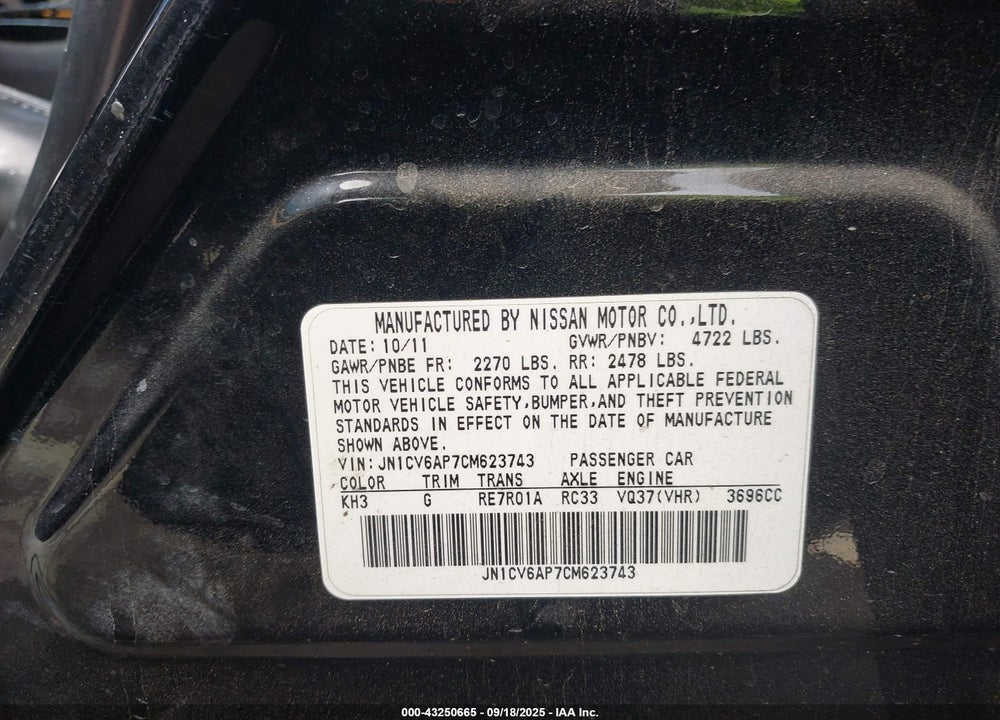 2012 INFINITI G37 VIN: JN1CV6AP7CM623743
