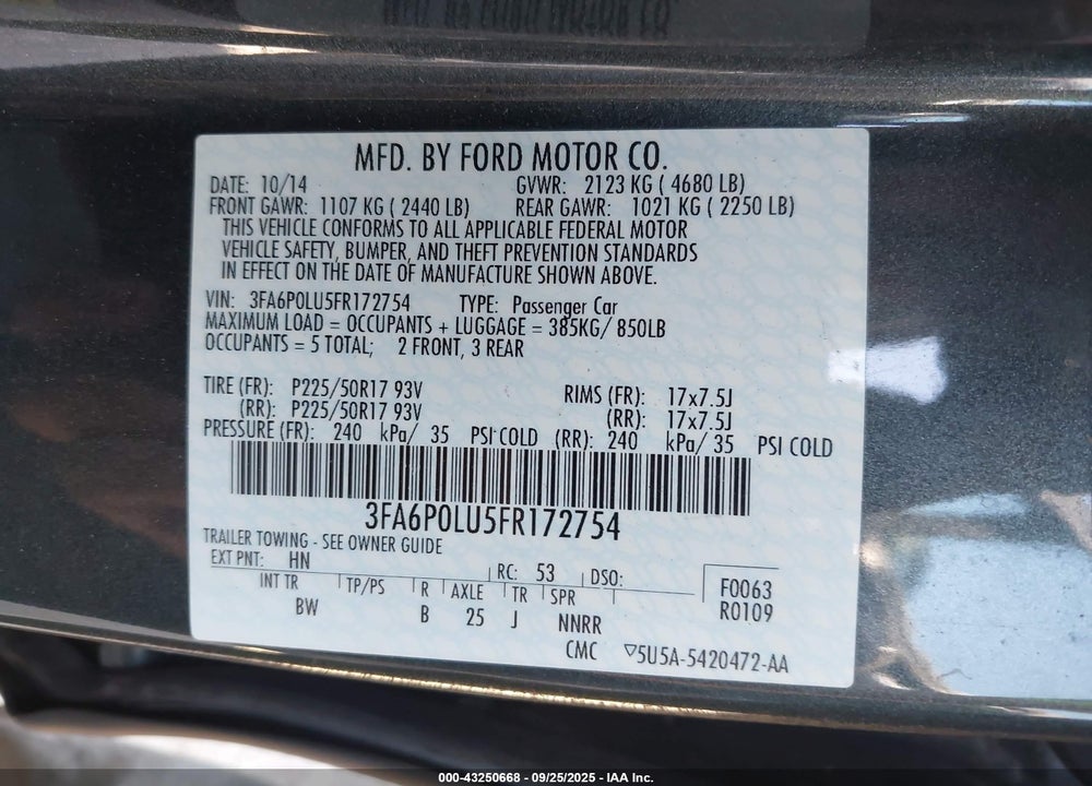 2015 FORD FUSION HYBRID SE VIN: 3FA6P0LU5FR172754