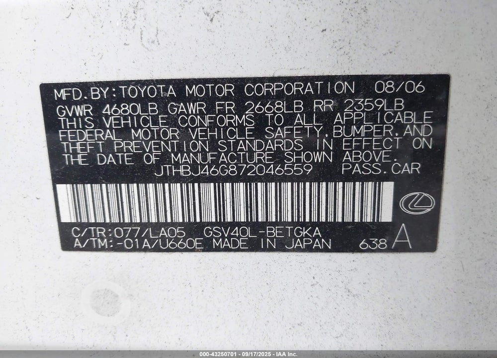 2007 LEXUS ES 350 VIN: JTHBJ46G872046559