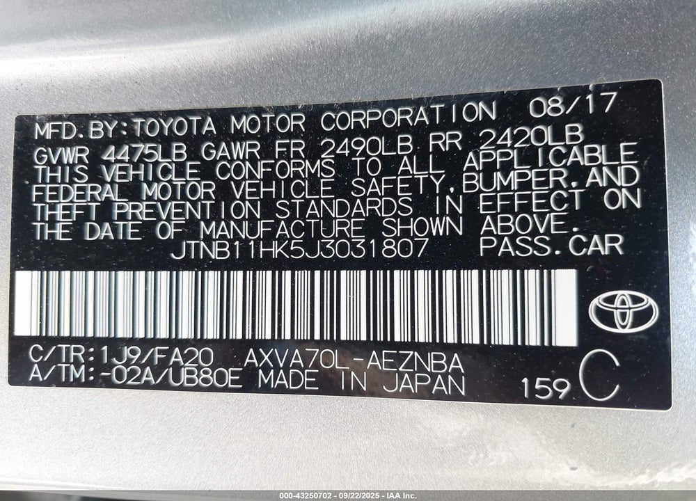 2018 TOYOTA CAMRY LE VIN: JTNB11HK5J3031807