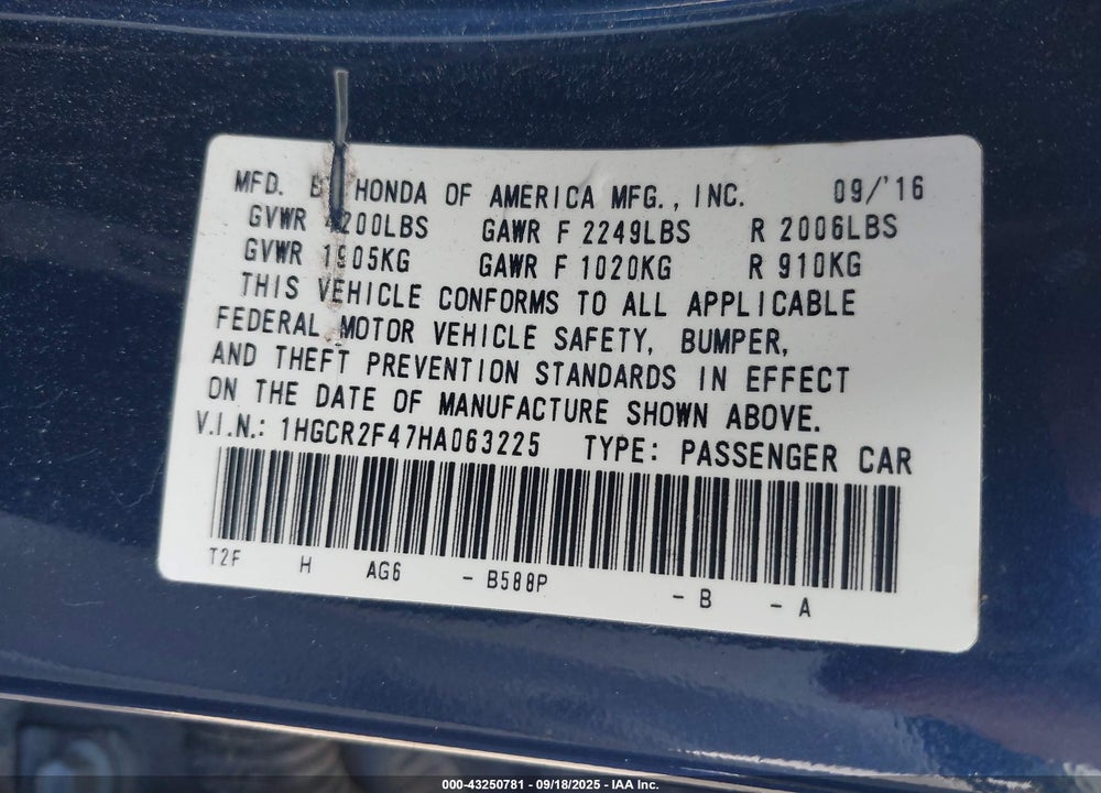 2017 HONDA ACCORD VIN: 1HGCR2F47HA063225