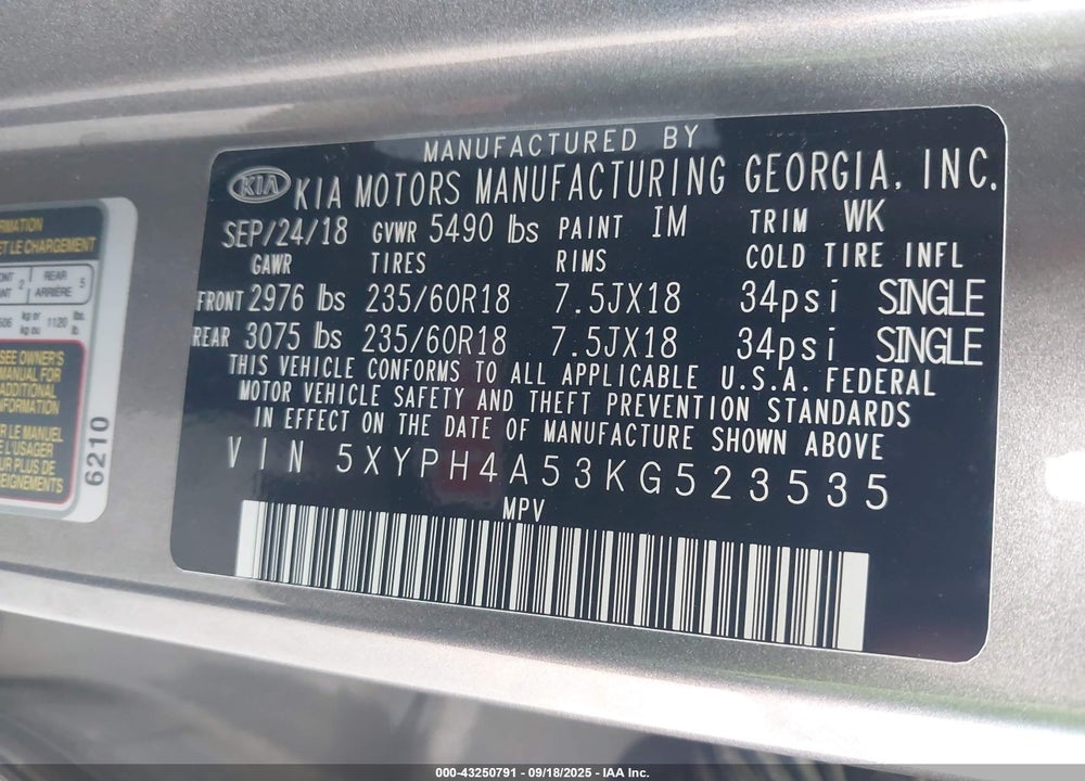 2019 KIA SORENTO VIN: 5XYPH4A53KG523535