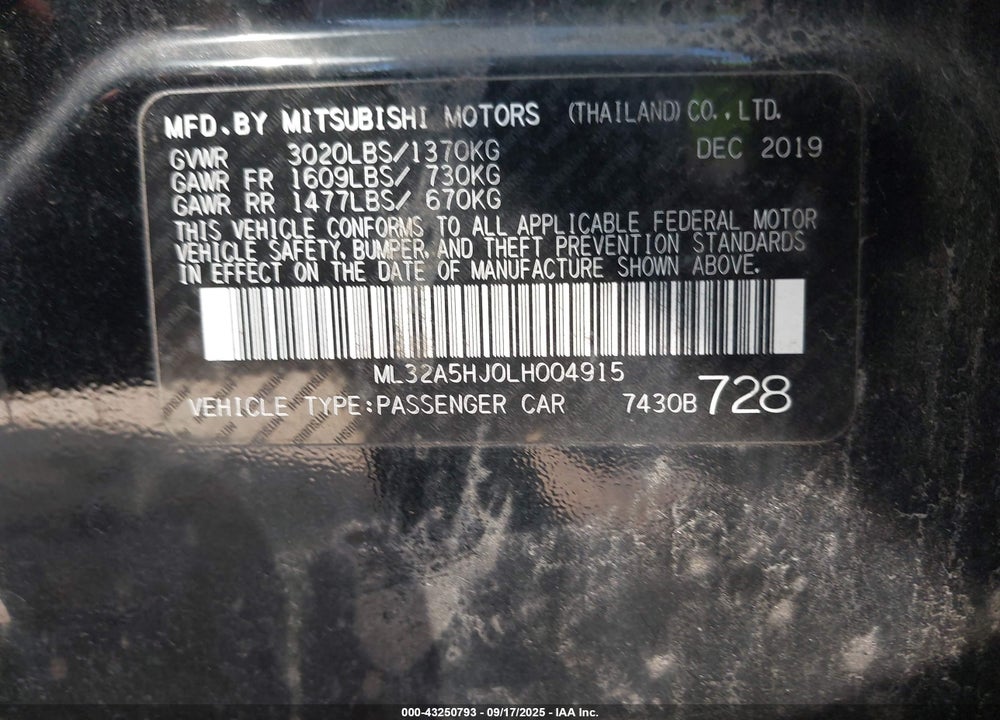 2020 MITSUBISHI MIRAGE VIN: ML32A5HJ0LH004915