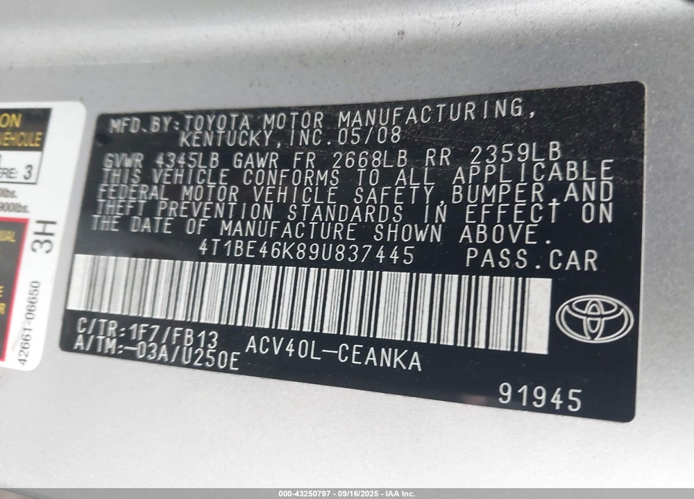 2009 TOYOTA CAMRY VIN: 4T1BE46K89U837445