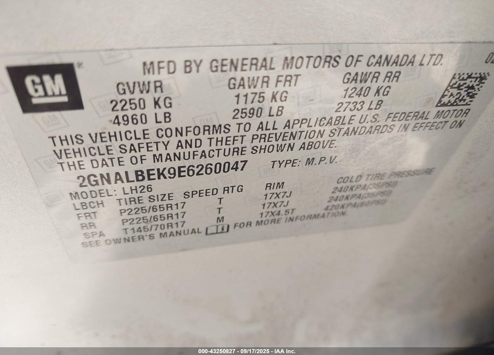 2014 CHEVROLET EQUINOX 1LT VIN: 2GNALBEK9E6260047