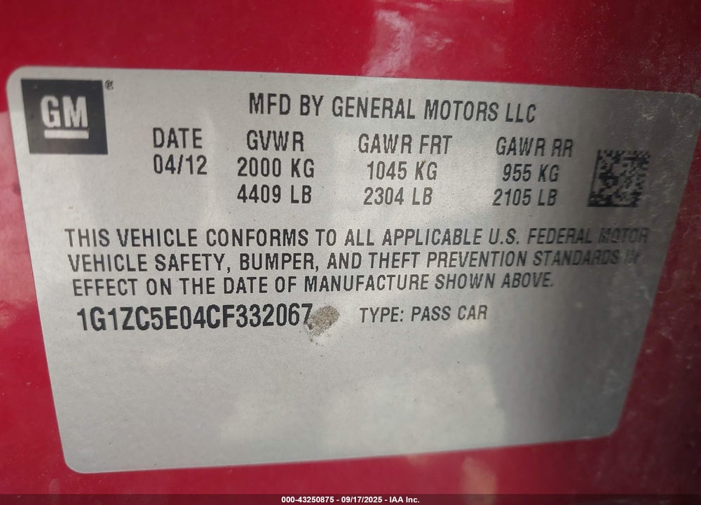 2012 CHEVROLET MALIBU VIN: 1G1ZC5E04CF332067