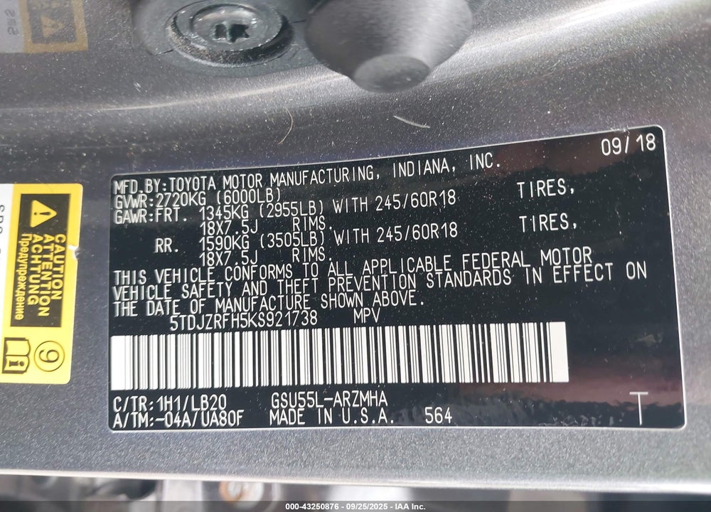 2019 TOYOTA HIGHLANDER VIN: 5TDJZRFH5KS921738