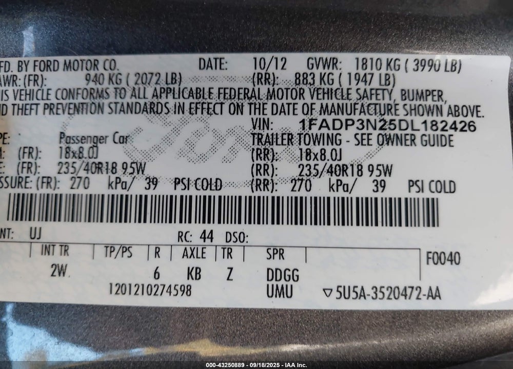 2013 FORD FOCUS TITANIUM VIN: 1FADP3N25DL182426