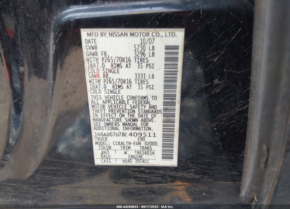 2008 NISSAN FRONTIER SE VIN: 1N6AD07U78C409511