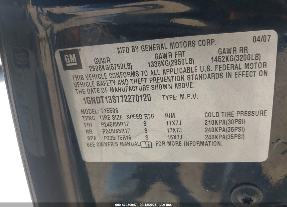 2007 CHEVROLET TRAILBLAZER LS VIN: 1GNDT13S772270120